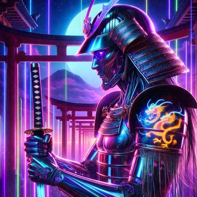 The primary subject of the image is a person wearing a futuristic, metallic armor and holding a sword. The setting is a nighttime scene with a moon visible in the background. The visual style is digital art, and the dominant colors are purple and blue, creating a futuristic and mysterious atmosphere.